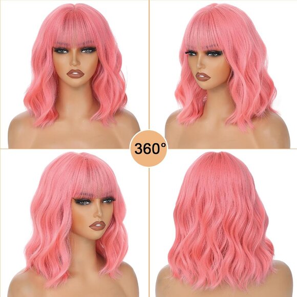 Women's Pink Synthetic Heat Resistant Short Wavy Shoulder Length Cosplay Wig - Picture 4 of 7
